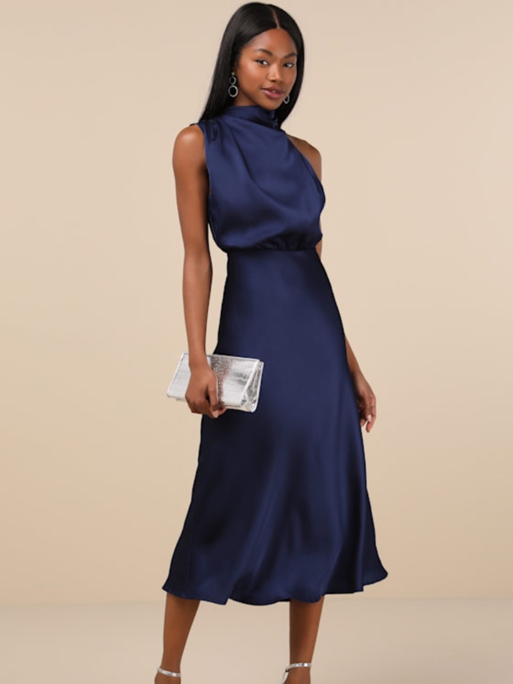 Lulus Distinctive Charm Navy Satin Asymmetrical Midi Dress Blue - Size XXL